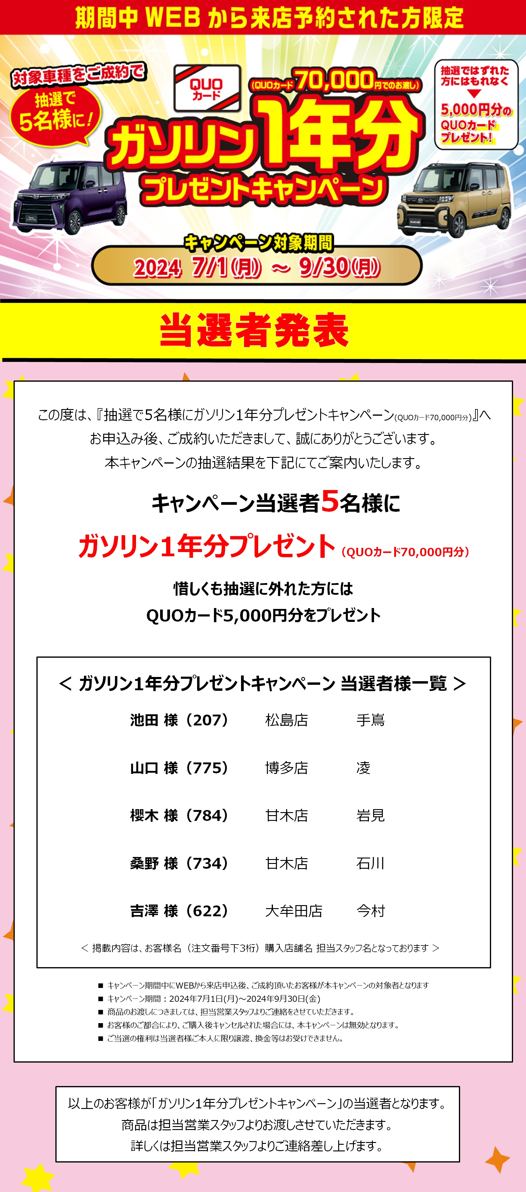 福岡ダイハツWEBキャンペーン当選者発表